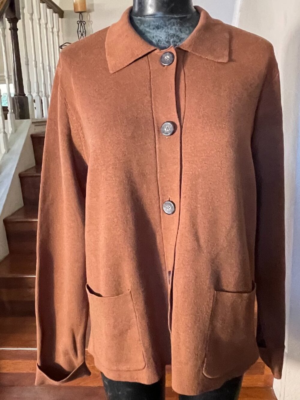J.Jill Women's L Brown Button Up Cardigan Sweater Pockets Cotton Blend Collar